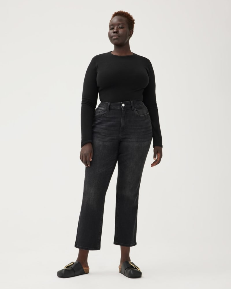 Front of a model wearing a size 24X29 ASE PLUS - HIGH RISE STRAIGHT | NIGHTFALL in NIGHTFALL by Warp + Weft. | dia_product_style_image_id:292738